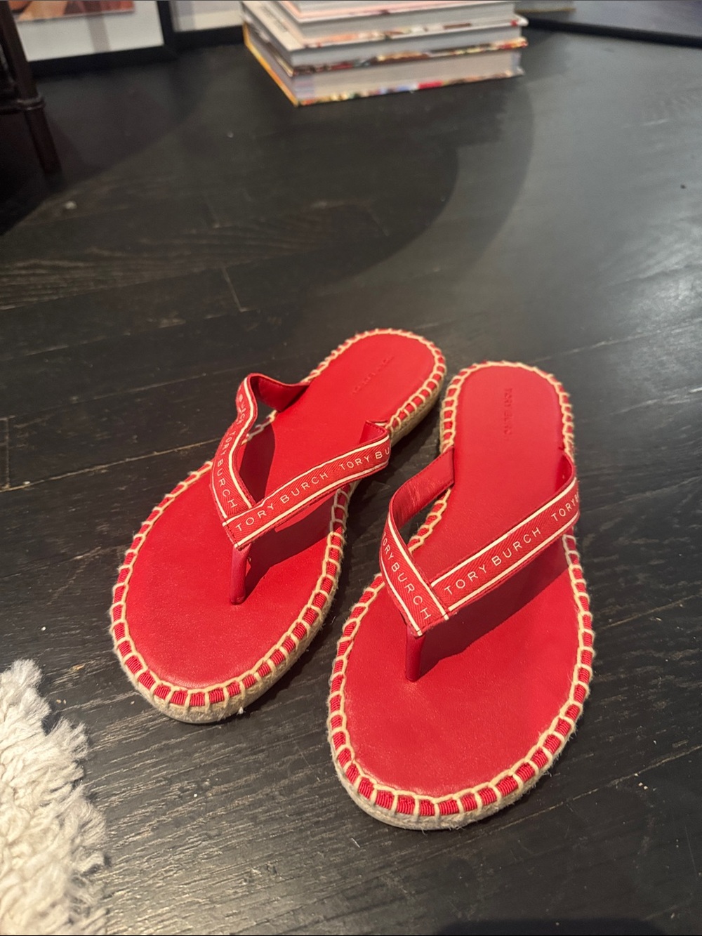 Tory Burch Red Leather Espadrille-Trim Flip Flops